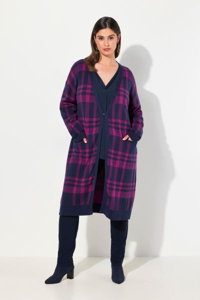 Longline Long Sleeve Open Shape Plaid Cardigan