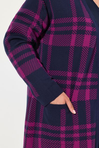 Longline Long Sleeve Open Shape Plaid Cardigan