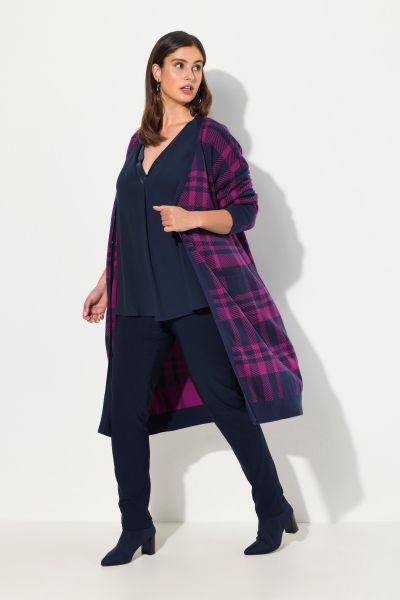 Longline Long Sleeve Open Shape Plaid Cardigan