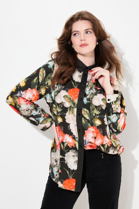 Rose Print Long Sleeve Viscose Button-Down Shirt