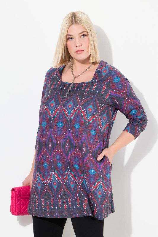 Ikat Print Swing A-Line Hem Cotton Knit Tunic