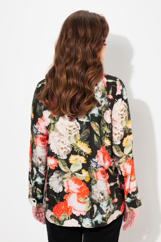 Rose Print Long Sleeve Viscose Button-Down Shirt