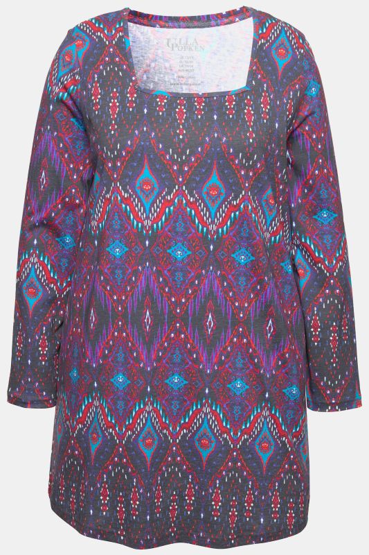 Ikat Print Swing A-Line Hem Cotton Knit Tunic