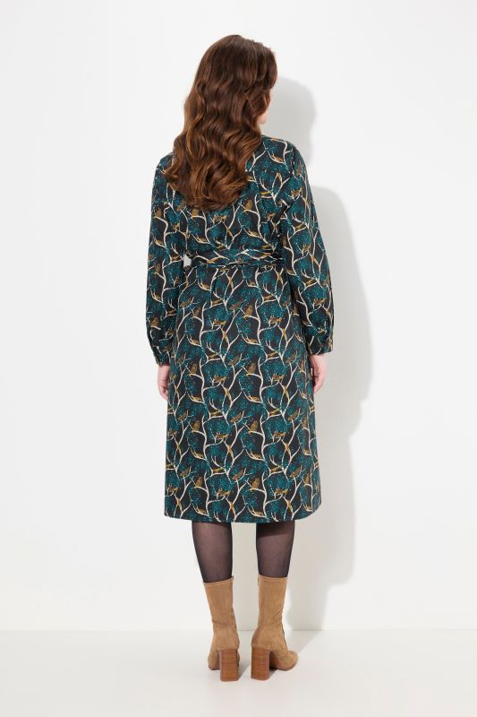 Owl Print Long Sleeve Button-Down Dress