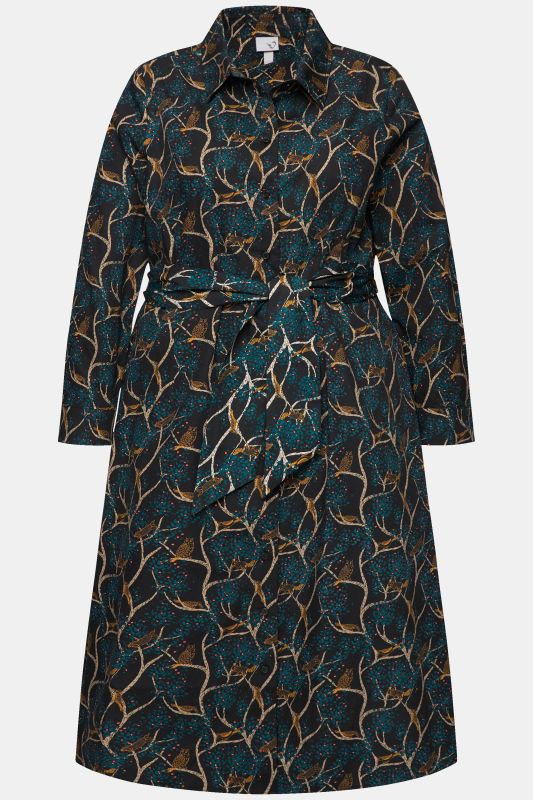 Owl Print Long Sleeve Button-Down Dress