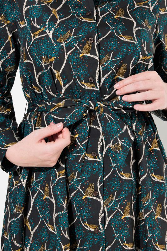 Owl Print Long Sleeve Button-Down Dress