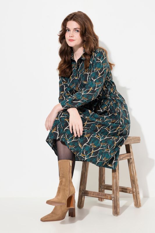 Owl Print Long Sleeve Button-Down Dress