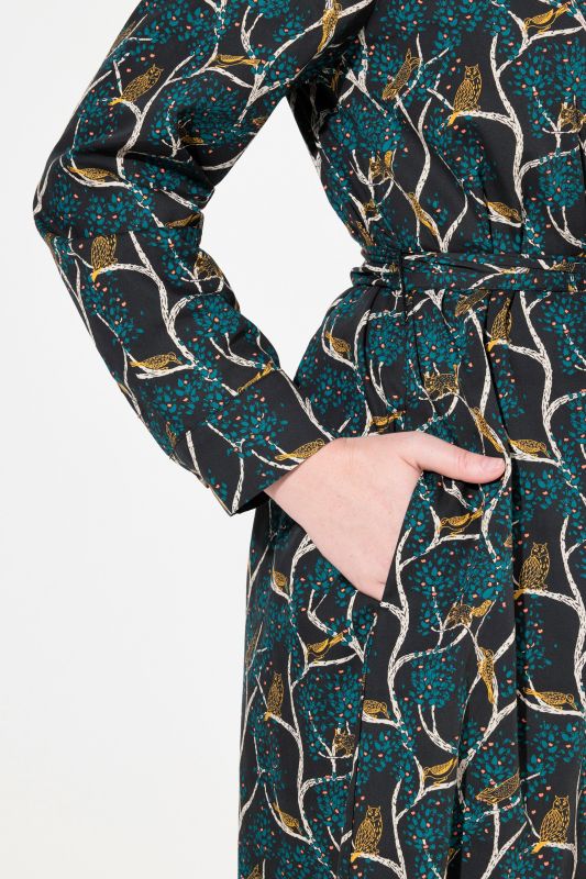 Owl Print Long Sleeve Button-Down Dress