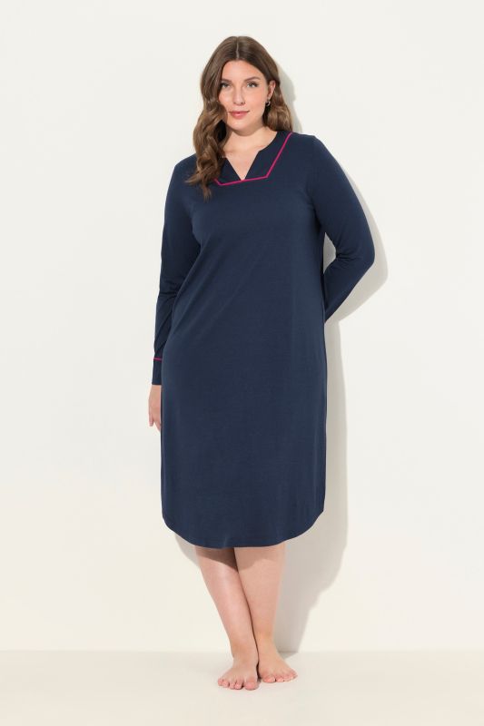 Contrast Piping Long Sleeve Nightgown