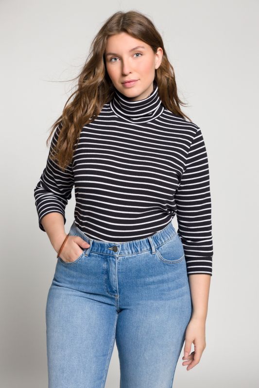 Eco Cotton Stripe Rib Knit Slim Fit Turtleneck