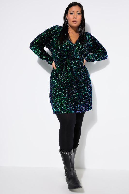 Sequined Wrap Look Long Sleeve V-Neck Dress