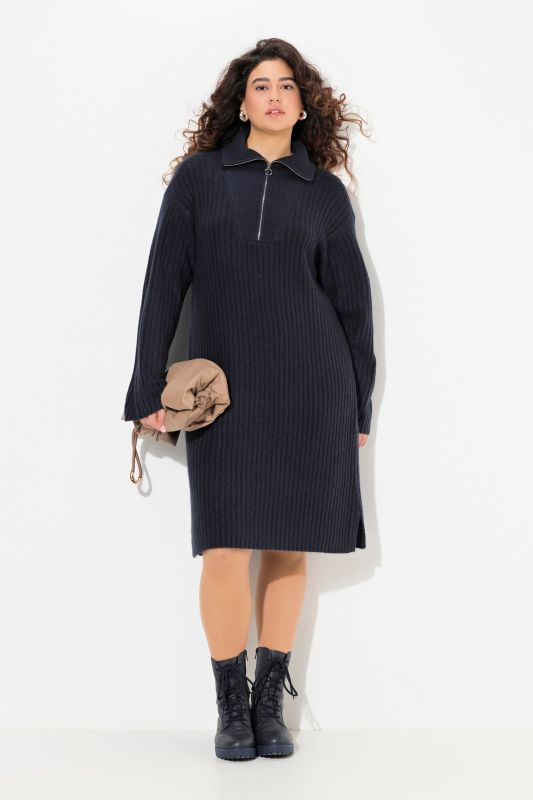 Ribbed Knit Long Sleeve Troyer Collar Dress