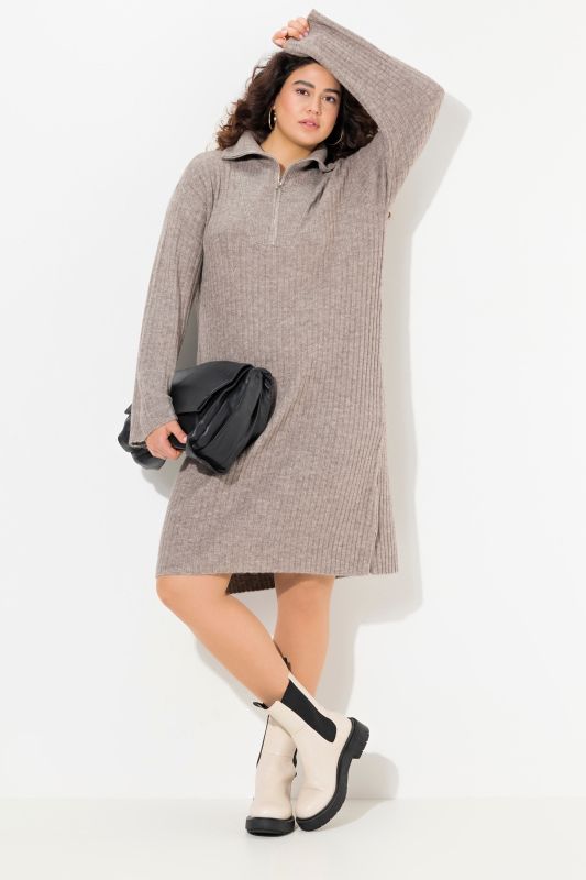 Ribbed Knit Long Sleeve Troyer Collar Dress