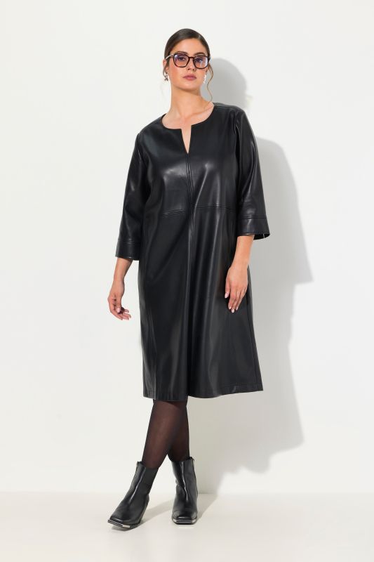 Faux Leather Split Neck 3/4 Sleeve Dress