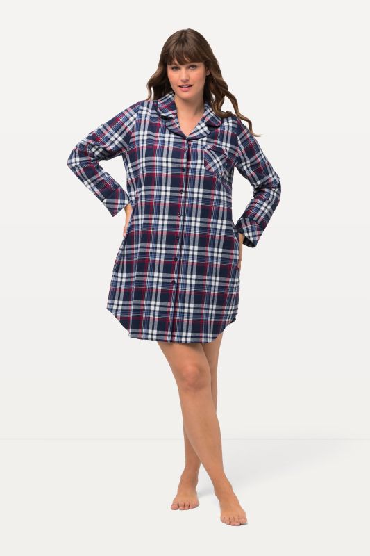 Plaid Button Front Cotton Flannel Sleep Shirt