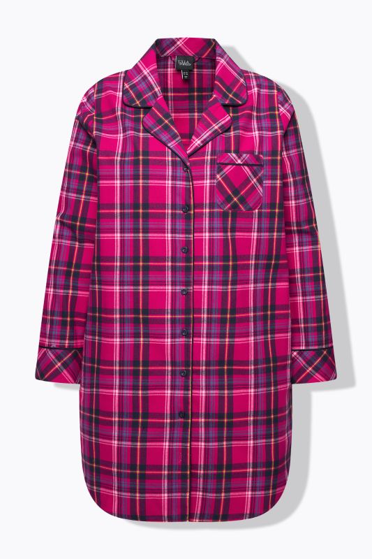 Plaid Button Front Cotton Flannel Sleep Shirt