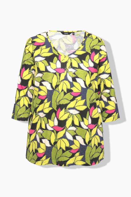 3/4 Sleeve V-Neck Leaf Print Tee