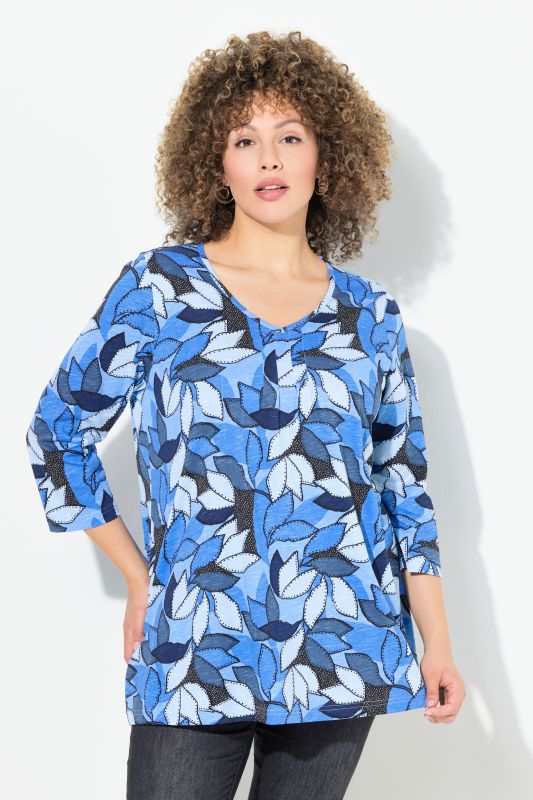 3/4 Sleeve V-Neck Leaf Print Tee