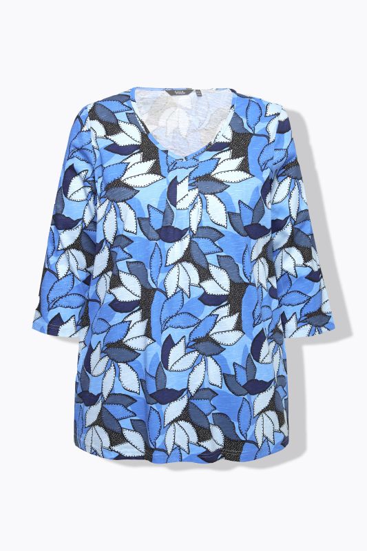 3/4 Sleeve V-Neck Leaf Print Tee