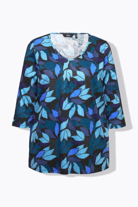 3/4 Sleeve V-Neck Leaf Print Tee