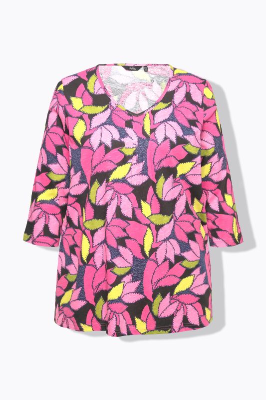 3/4 Sleeve V-Neck Leaf Print Tee