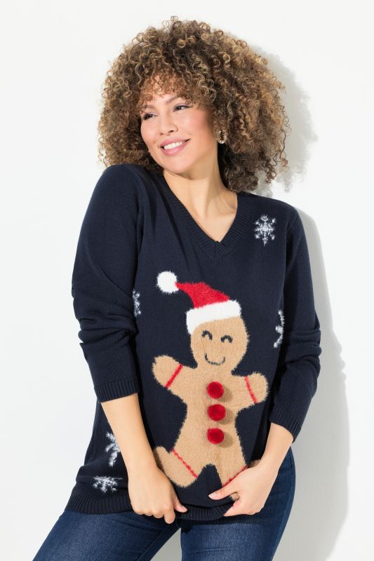 Gingerbread Man V-Neck Long Sleeve Sweater