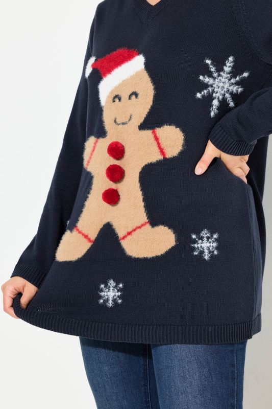 Gingerbread Man V-Neck Long Sleeve Sweater