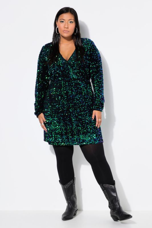 Sequined Wrap Look Long Sleeve V-Neck Dress