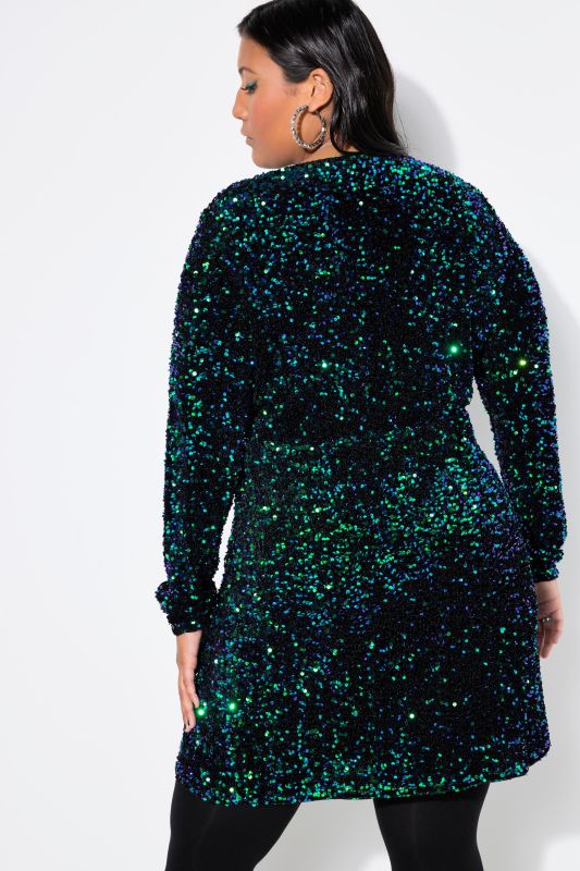 Sequined Wrap Look Long Sleeve V-Neck Dress