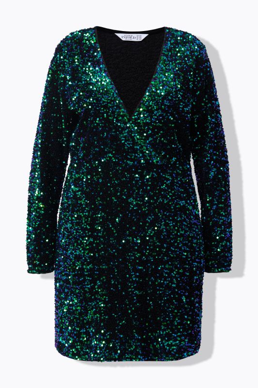 Sequined Wrap Look Long Sleeve V-Neck Dress