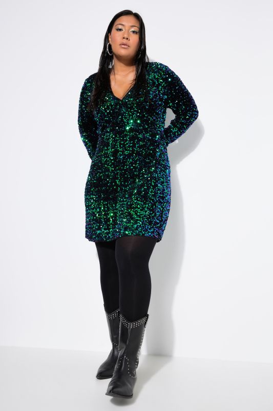 Sequined Wrap Look Long Sleeve V-Neck Dress