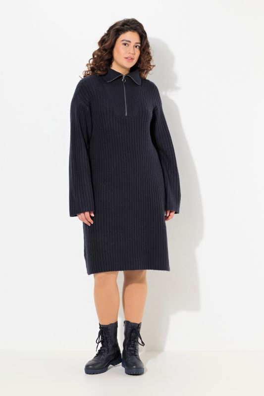 Ribbed Knit Long Sleeve Troyer Collar Dress