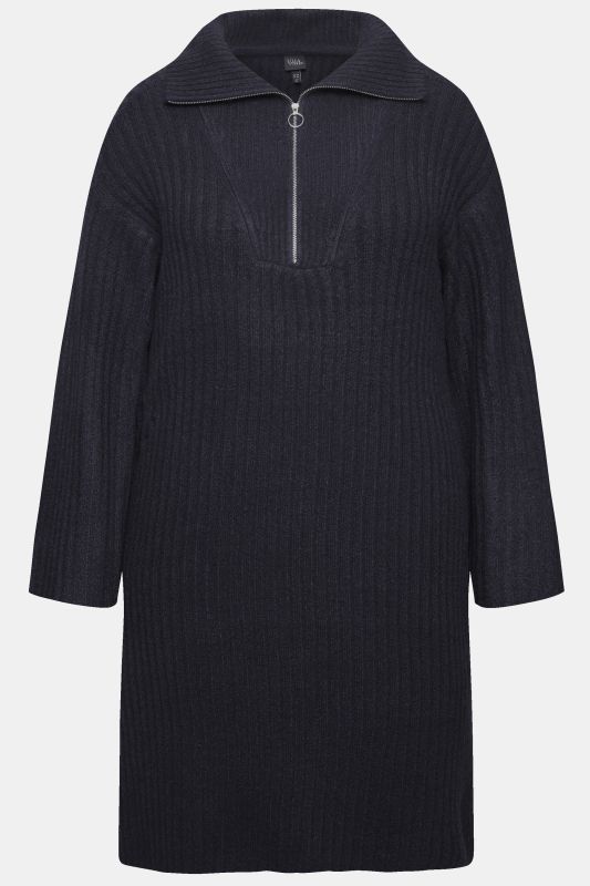 Ribbed Knit Long Sleeve Troyer Collar Dress