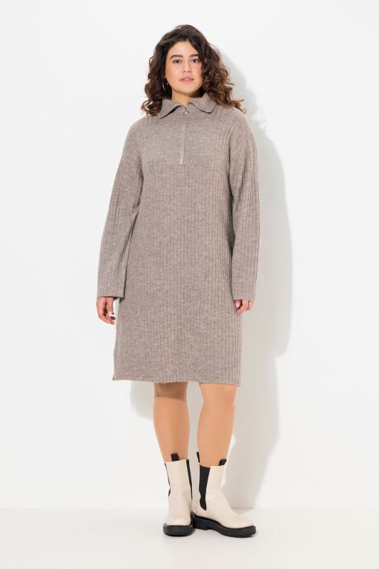 Ribbed Knit Long Sleeve Troyer Collar Dress