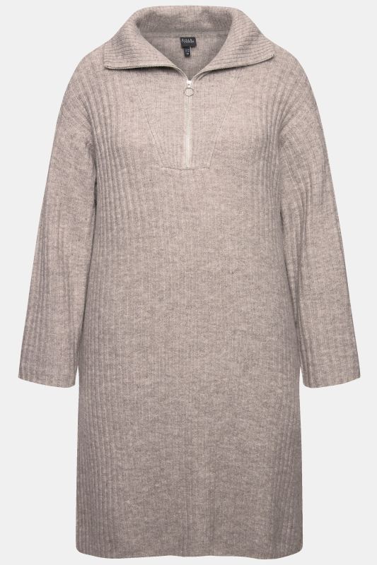 Ribbed Knit Long Sleeve Troyer Collar Dress