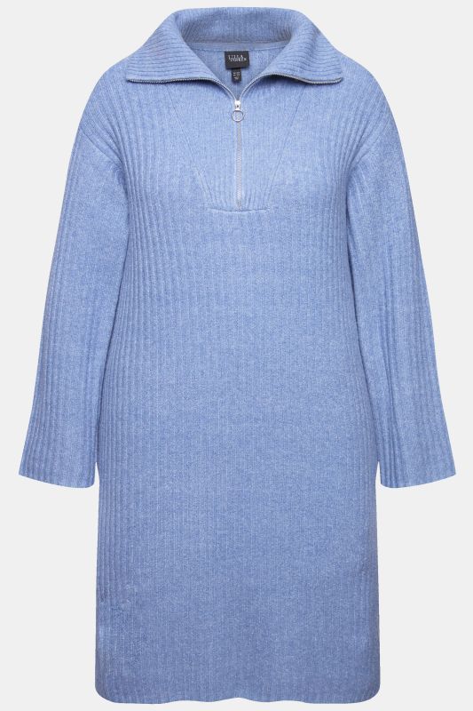 Ribbed Knit Long Sleeve Troyer Collar Dress