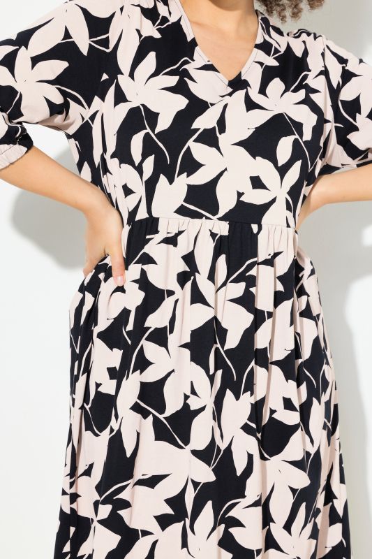 Leaf Print 3/4 Sleeve Jersey Dress