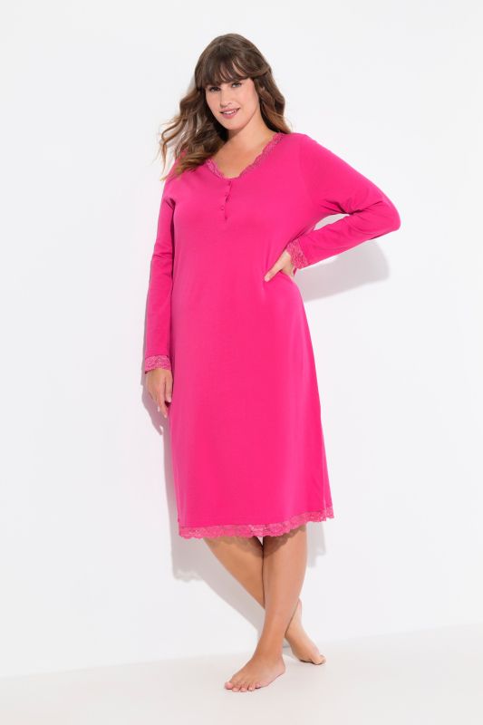 Lace Trim Long Sleeve V-Neck Nightgown