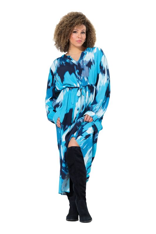 Abstract Print Long Sleeve Drawstring Waist Dress