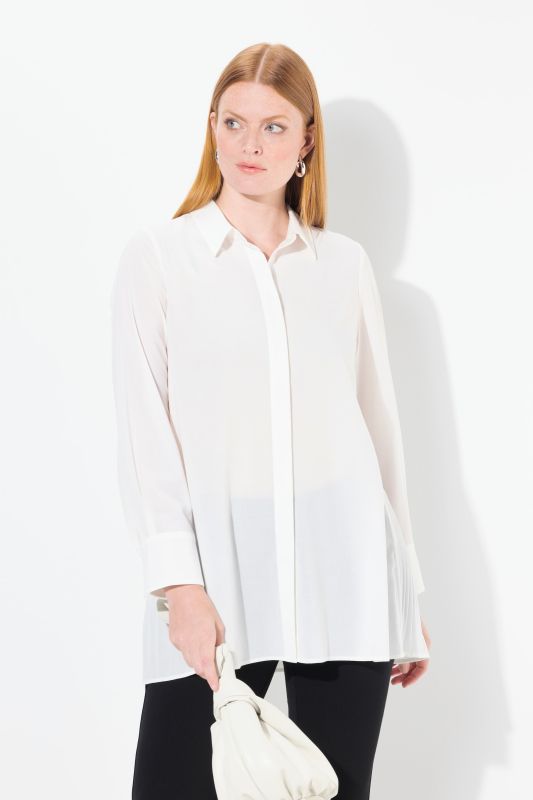 Pleated Long Sleeve Button-Down Blouse