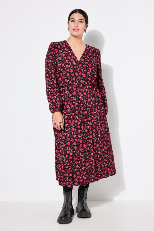 Maxi dress, A-line, wrap look, floral crepe, balloon long sleeve