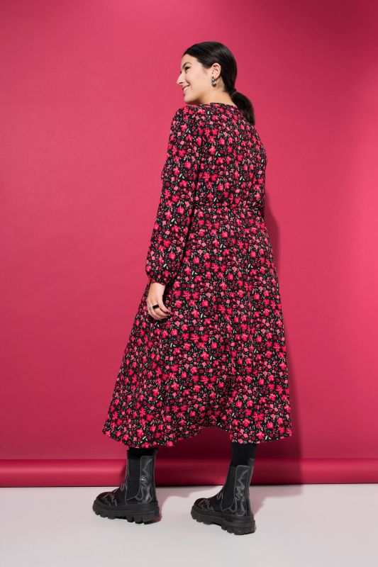 Maxi dress, A-line, wrap look, floral crepe, balloon long sleeve