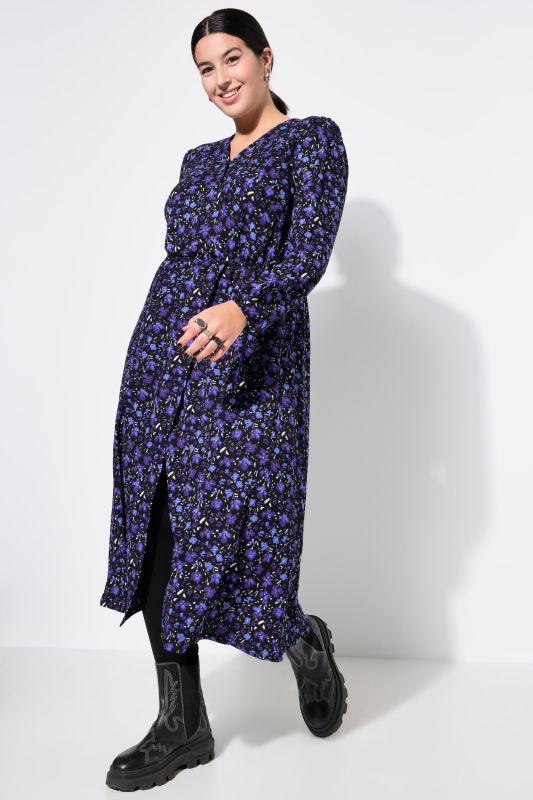 Maxi dress, A-line, wrap look, floral crepe, balloon long sleeve