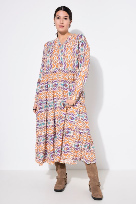 maxi dress, all-over print, V-neck, flounces