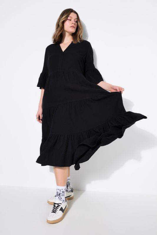 Maxi dress, A-line, muslin, stand-up collar, flounces, 3/4 sleeves