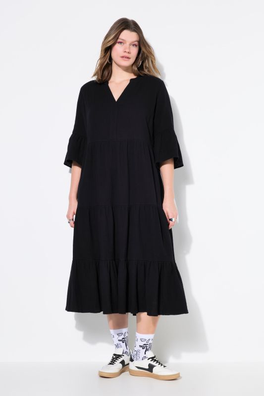 Maxi dress, A-line, muslin, stand-up collar, flounces, 3/4 sleeves