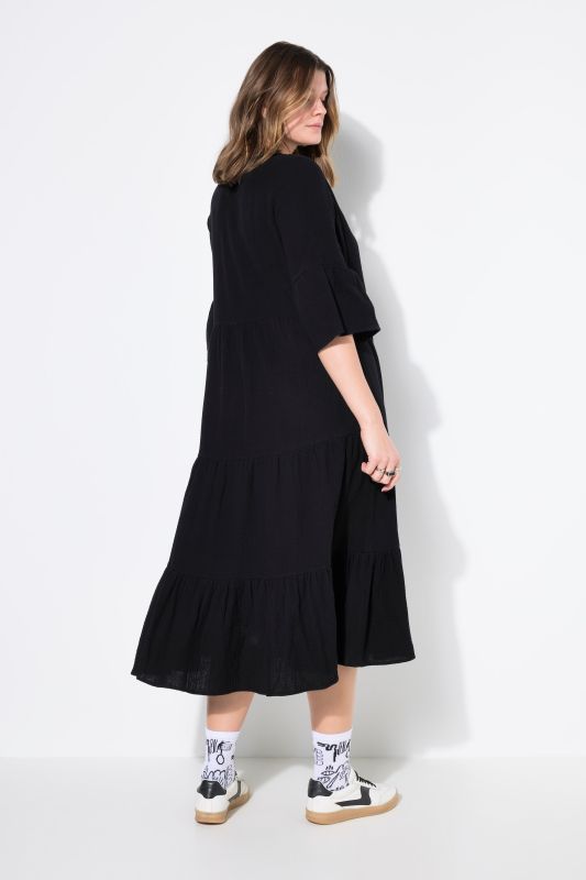 Maxi dress, A-line, muslin, stand-up collar, flounces, 3/4 sleeves