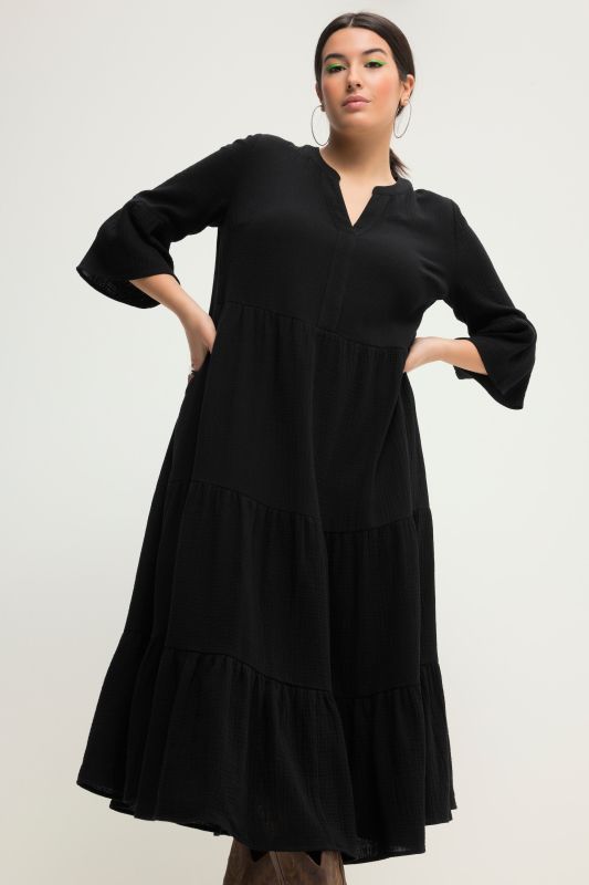 Maxi dress, A-line, muslin, stand-up collar, flounces, 3/4 sleeves