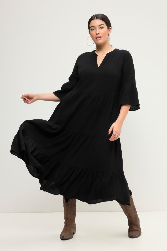 Maxi dress, A-line, muslin, stand-up collar, flounces, 3/4 sleeves