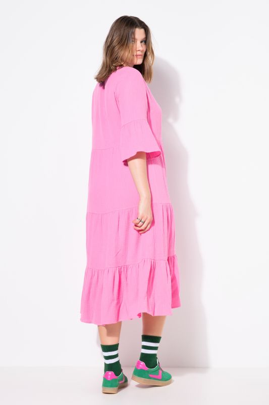 Maxi dress, A-line, muslin, stand-up collar, flounces, 3/4 sleeves